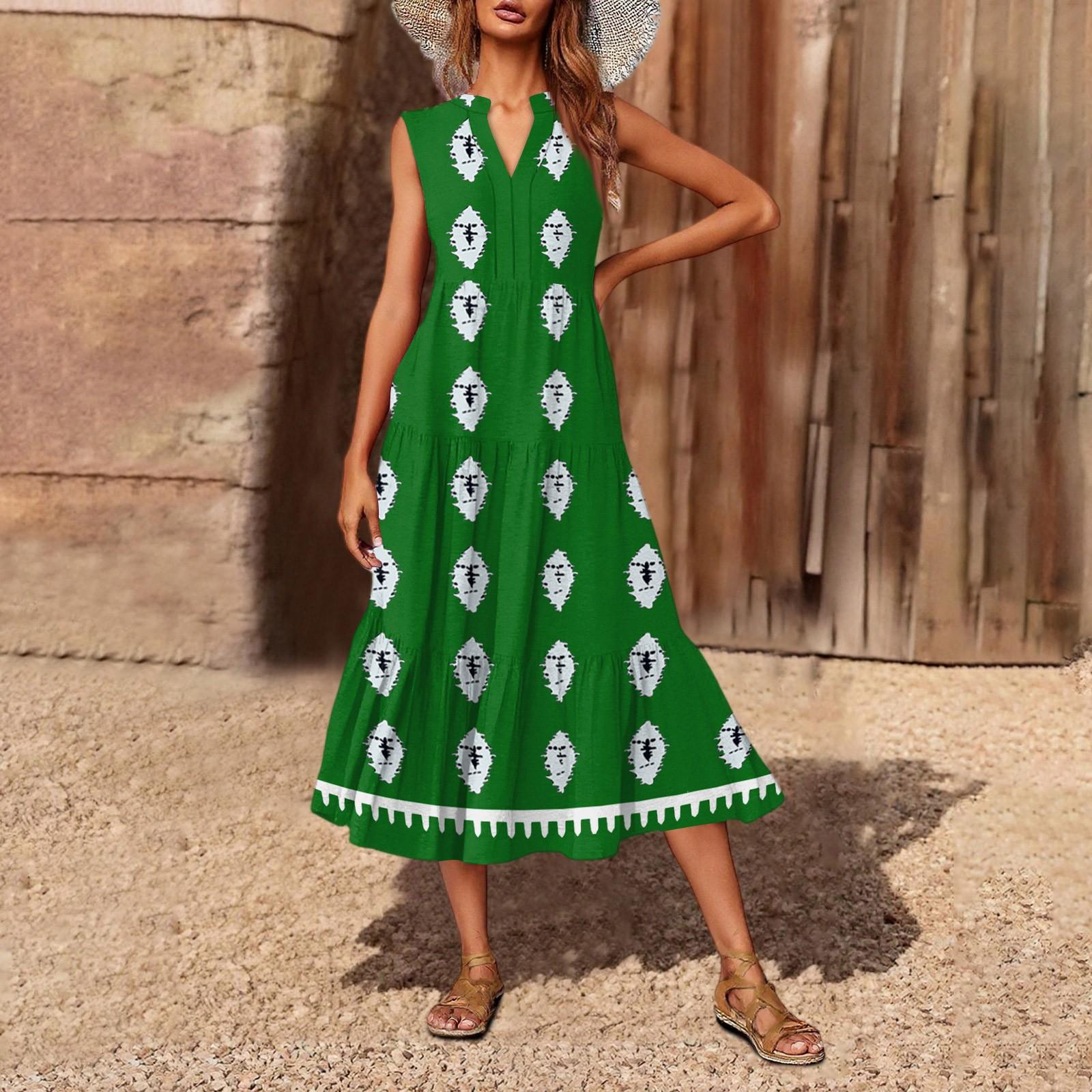 

Женское повседневное и модное платье средней длины с V-образным вырезом без рукавов и принтом L зелёный