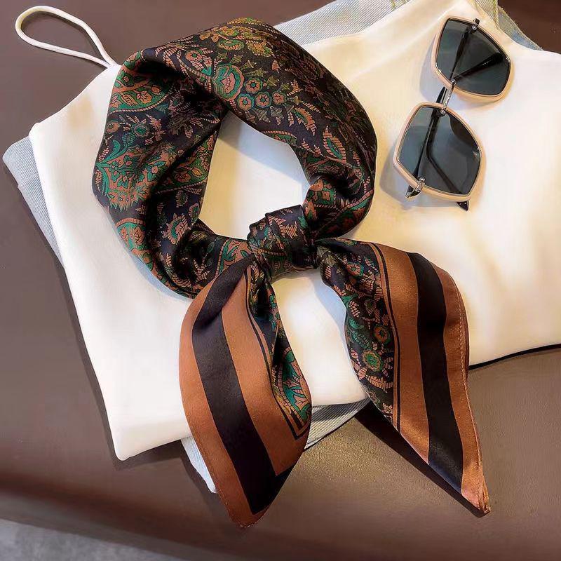 High-End Women's Lightweight Silk Square Scarf - Temperament Print Neckerchief for Neck Protection and Decoration.