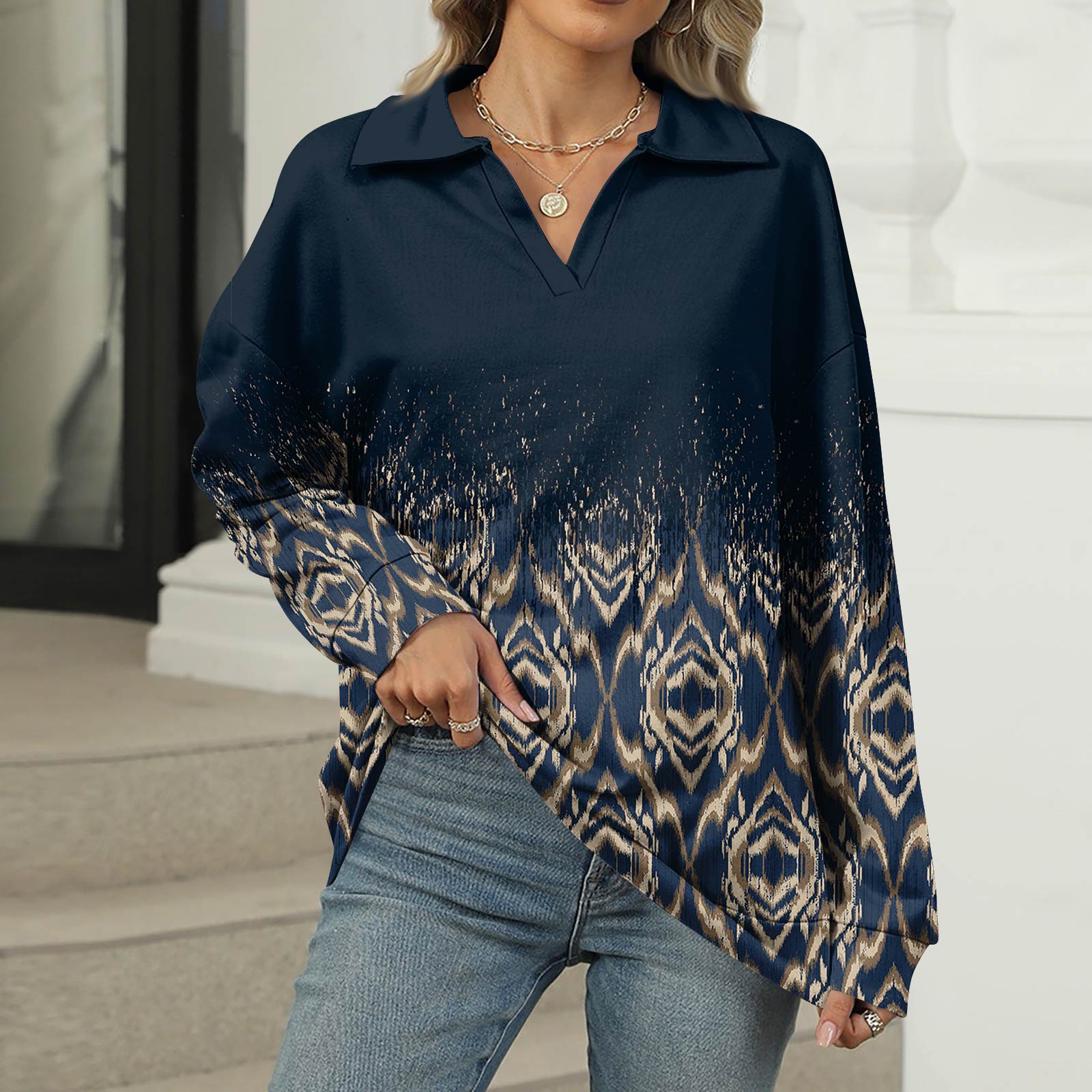

Женская летняя модная повседневная рубашка с v-образным вырезом и длинным рукавом с принтом, топ L тёмно-синий