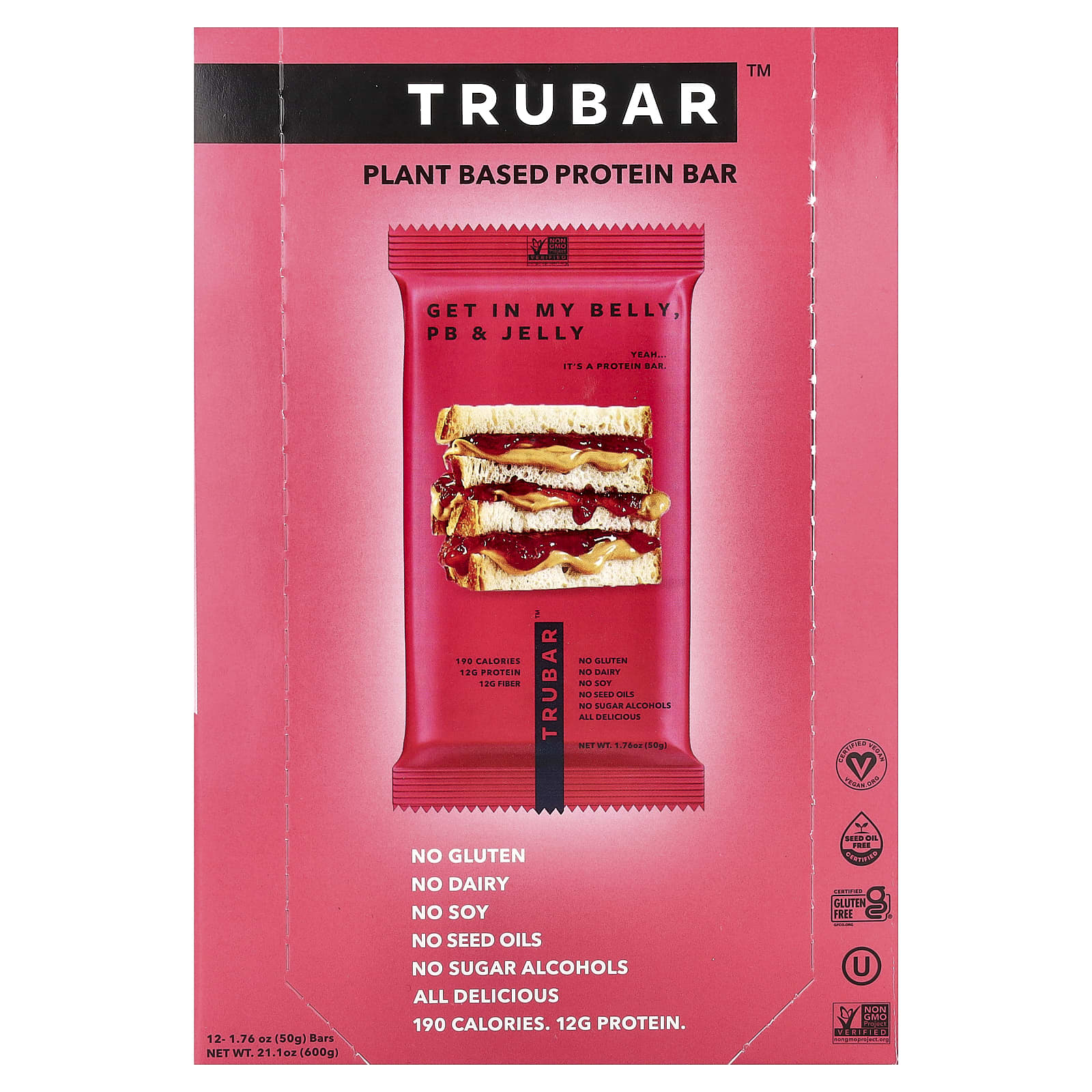

Trubar, Plant-Based Protein Bars, Get in My Belly, Peebee & Jelly, 12 Bars, 50g (1.76oz) Each