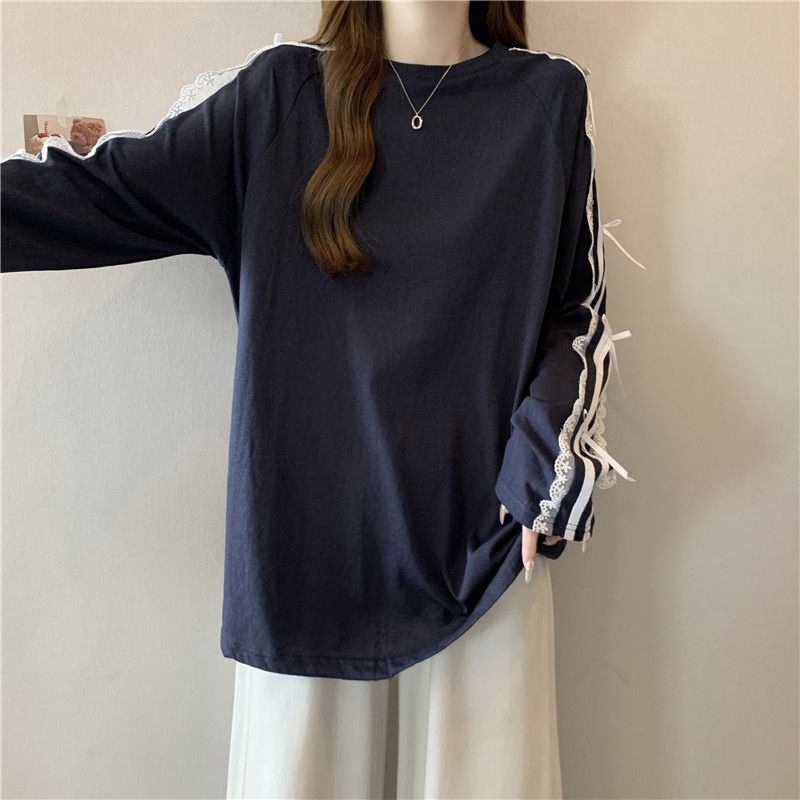 Casual O Neck Long Sleeve T-shirt Lace Patchwork Loose Bow Women Clothing Korea Mid-length Slim Tops