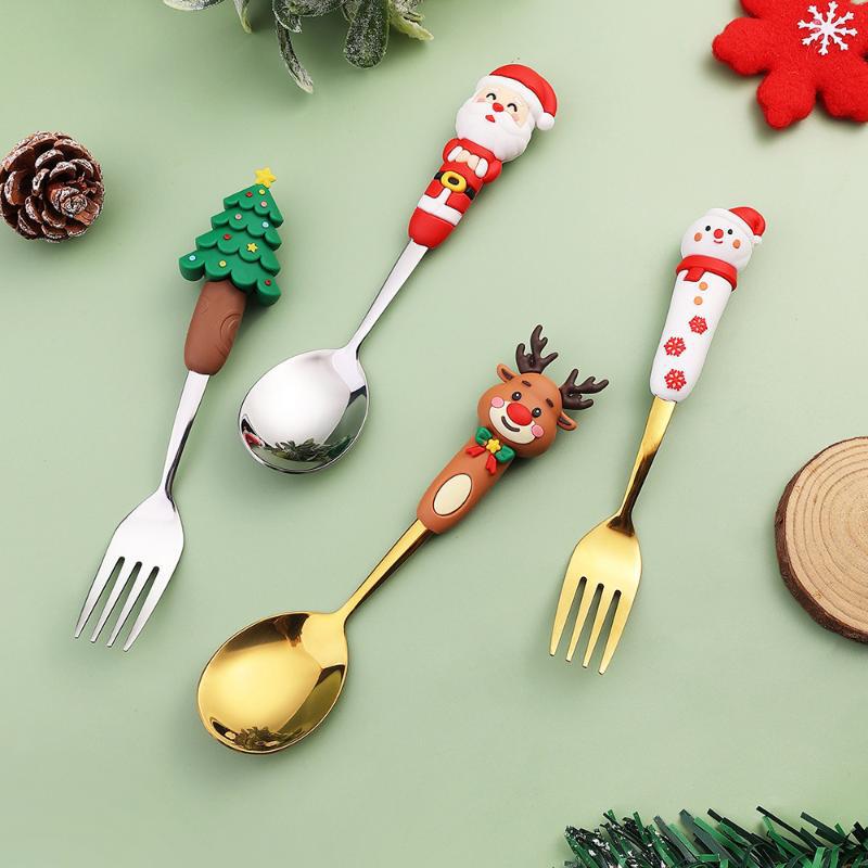 4Pcs Christmas Gift Glod Silver Spoon Fork Set Elk Christmas Tree Decoration Dessert Scoop Fruit Fork Coffee Spoon Cutlery Set