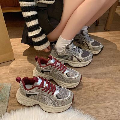 2025 Spring New Small Sports Shoes Ultra-light Thick-soled Heightening Casual Shoes Women's Comfortable Ankola Red Dad Shoes