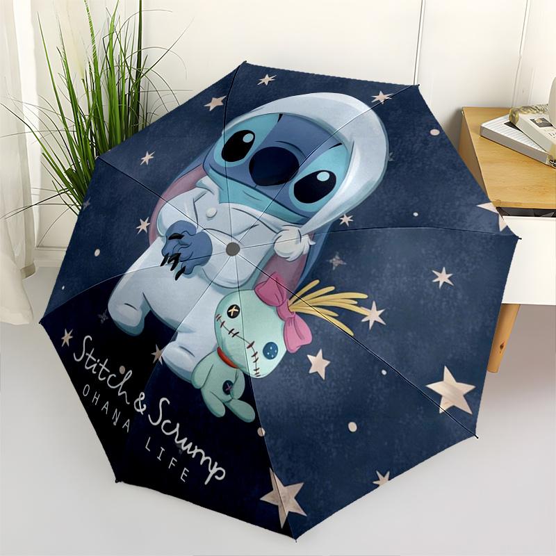 

Stitch,Scrump Fully automatic themed umbrella 8 ribs durable iron frame, tri fold compact design, perfect as a gift, travel umbrella, unis
