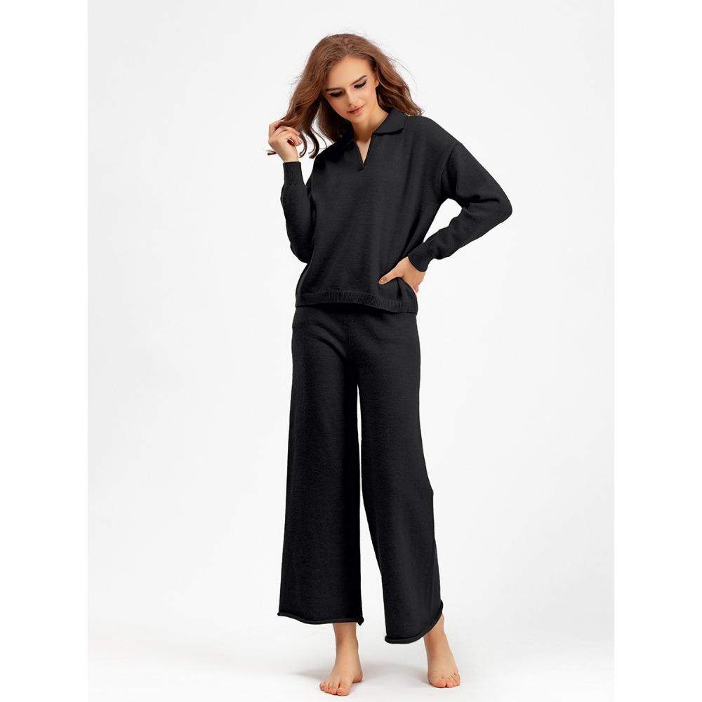 HNXC Autumn and Winter Knitted Set: Women's Loose Polo Neck Sweater, Wide-leg Pants, Elegant Two-piece Set
