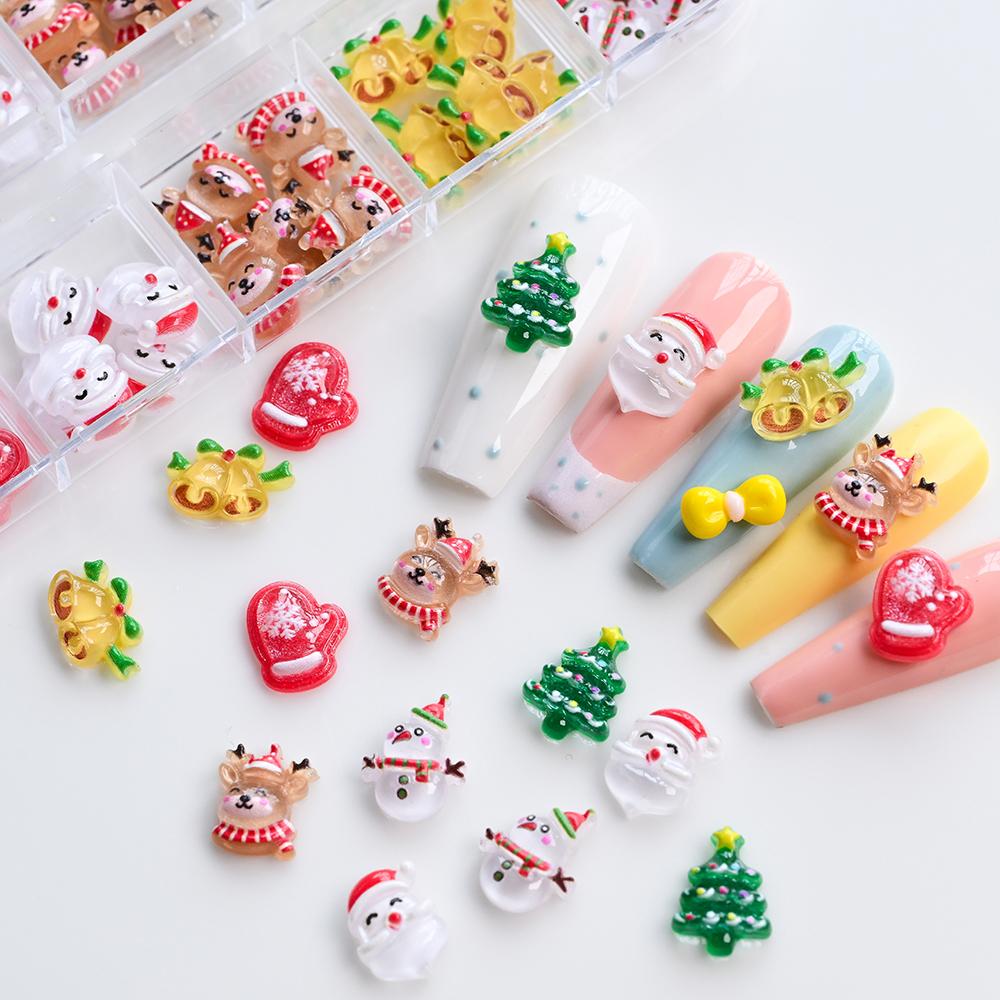 12Gird Kawaii Mini Snowman Xmas Tree Nail Charms 3D Reindeer Bell Santa Claus Nail Rhinestones Resin Christmas Nail Gems 30-60pc