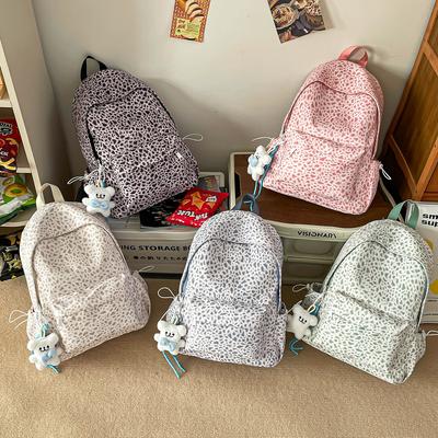 Schoolbag Leopard Print Backpack Large Capacity Schoolbag Middle and High School Student Bag Casual Simple Versatile Doll Pendant Backpack