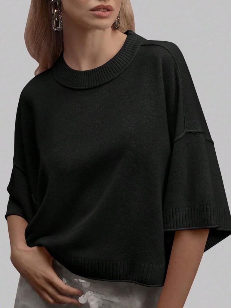 Women's Oversized Cropped Knit Sweater Short Sleeve Crew Neck Lightweight Summer Top