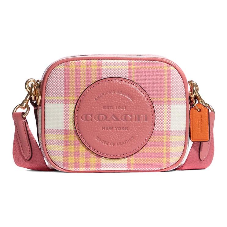 

Coach Dempsey 14 Classic Plaid Jacquard Trim Pebble Leather Square Camera Bag Women Shoulder Bag Gold Toffee-Pink C8681-IMTVT Basic Set (Bag+Dust Bag)