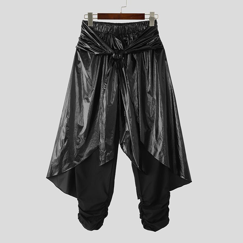INCERUN Men Elastic Waist Bandage Glitter Layers Casual Irregular Harem Pants
