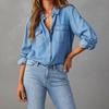 Women's Long-Sleeve Denim Shirt - Casual European & American Style, Autumn, Lapel, Single-Breasted