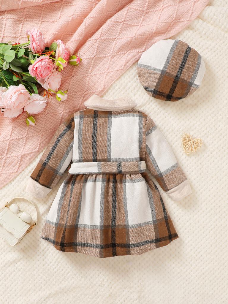 3pcs Baby Girl Plaid Patchwork Fur Long Sleeved Dress with Belt and Hat Suitable for Wearing In Autumn and Winter Seasons