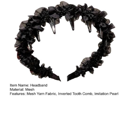 Women Headband Non-Slip Wide Headband with Inverted Tooth Comb Pearl Embellishments Layered Mesh