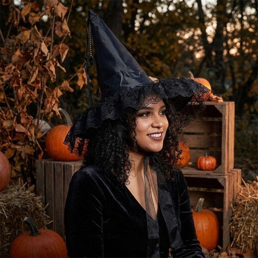 Veil Tulle Halloween Witch Hat Gothic Cosplay Hat Spider Ribbon Wizard Hat  Cosplay Costume