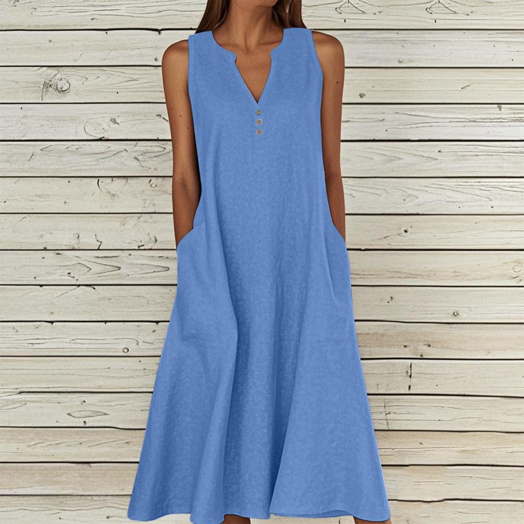 Women's Sleeveless V-Neck Button Front A-Line Dress with Side Pockets in Multiple Colors