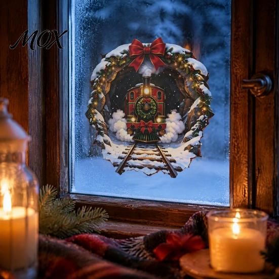 Christmas Storefront Decor Vintage Steam Train Static Window Sticker, 3D Broken Wall Effect Glass No Glue Stickers No-Adhesive Decal for Xmas