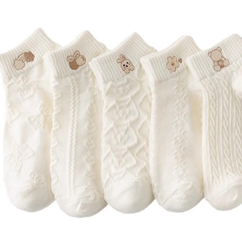 5 Pairs of Socks: White Short Socks for Women, Cotton Socks, Summer Thin Style, Summer Trendy Short Leg, Cute, Spring and Autumn Style Boat Socks