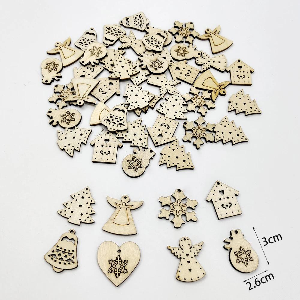 50Pcs Mixed Christmas Wood Chips Christmas Wooden Decoration Snowflake Chips Elk Xmax Tree Ornament Christmas Diy Craft Supplies
