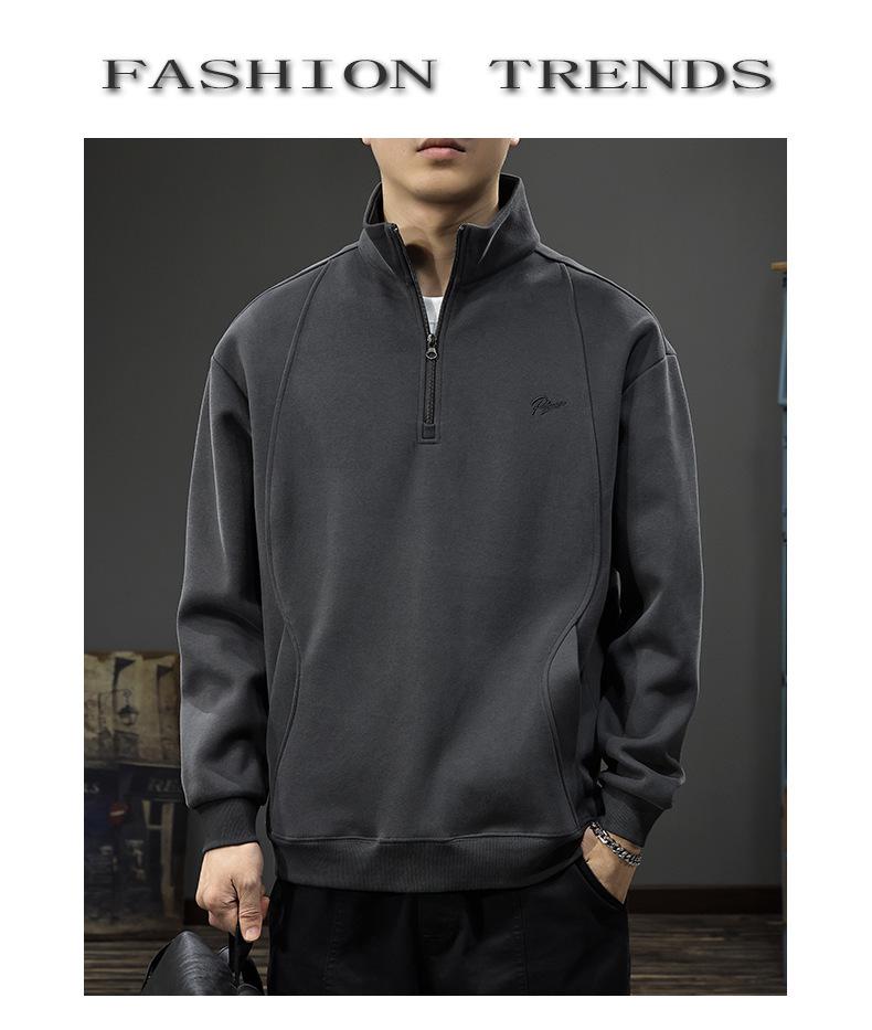 Heren Herfst Retro Geborduurde Zware Half-Ritssluiting Losse Pasvorm Opstaande Kraag Hoodie Pullover