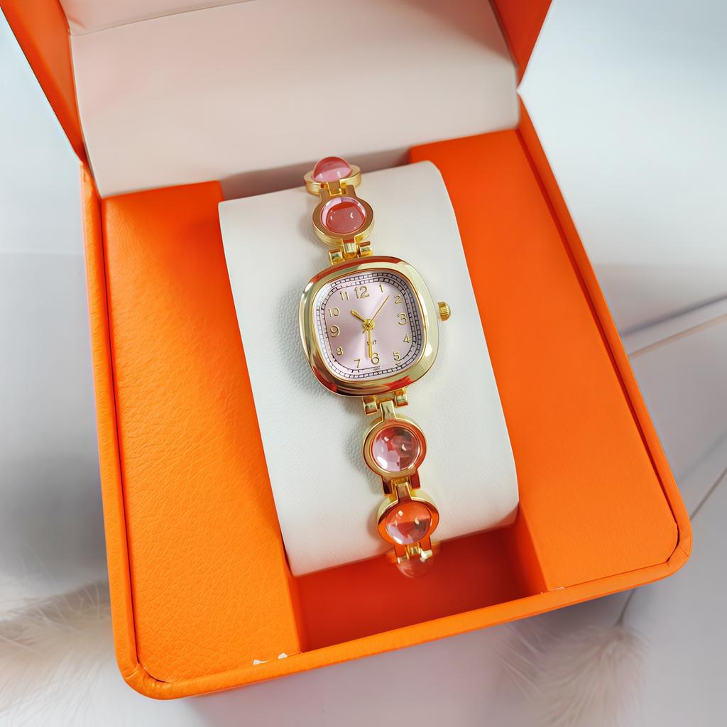 Ladies' Gemstone Set, Quartz Watch, Round Digital Light Luxury Carat Diamond-encrusted Bracelet, Watch Accessory Set.
