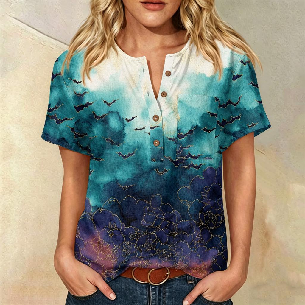 Women Casual Short Sleeve Henley Shirt with Chest Pocket Halloween Themed Graphic Print Cotton Linen Blended Fabric Relaxed Fit