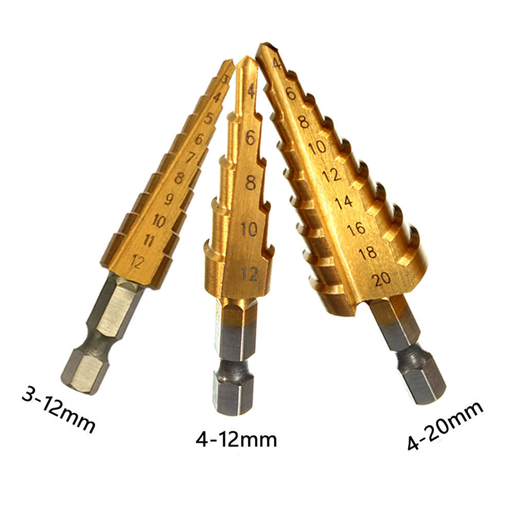 3X HSS Step Cone Drill Titanium Coated Hole Cutter Bit Set 3-12 4-12//20mm Pouch