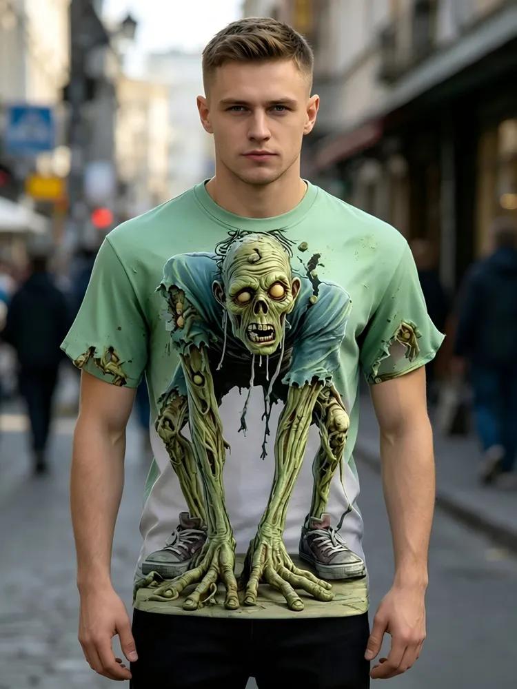 Men's Halloween Zombie 3D T-Shirt, Lifelike Undead Monster Design, Breathable Short Sleeve for Party and Street Style