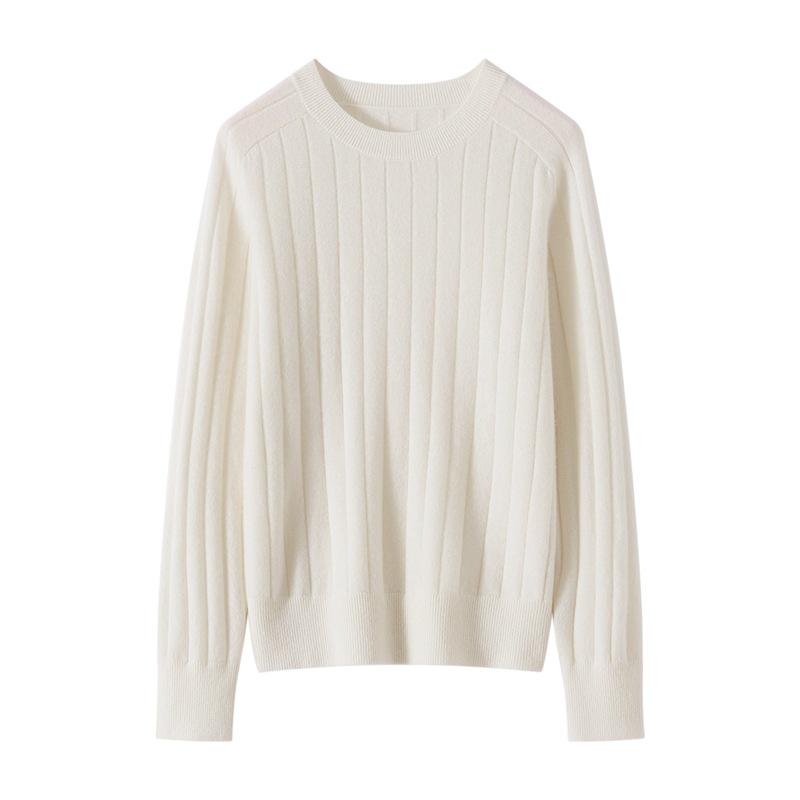 Women's Pure Cashmere Ribbed Knit Pullover - Autumn/Winter Round Neck Base Layer
