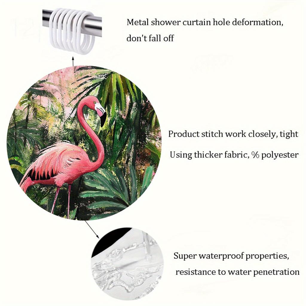 1 Tropical Flamingo Shower Curtain - Vibrant Rainforest Design, Lush Green Leaves And Pink Flamingo Pattern, Durable Curtain