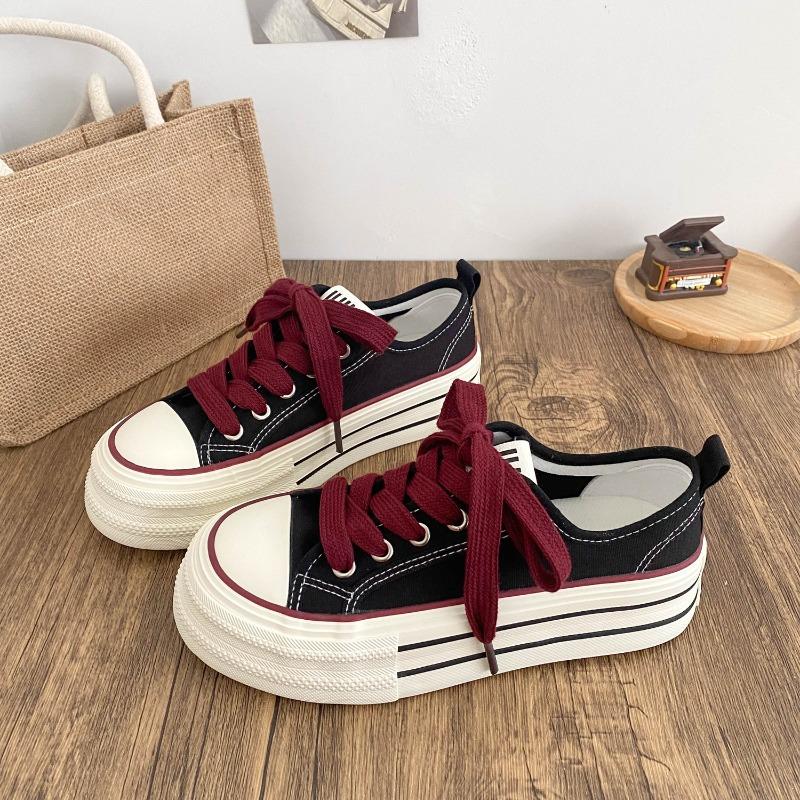 Dikke Bodem Canvas Schoenen Dames Ronde Neus Platte Veters Dubbele Band Veelzijdig Dunne Zool Board Schoenen Ademend Laag Uitgesneden Casual