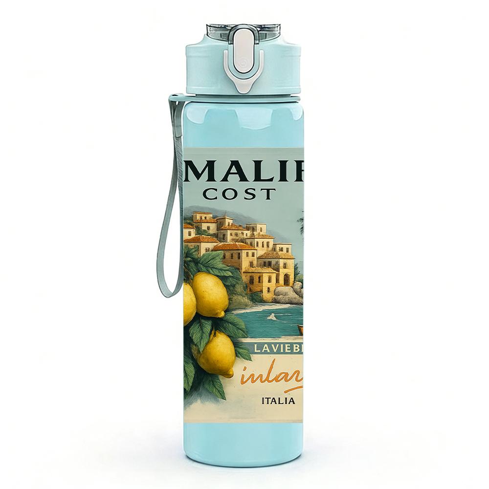 1PC Amalfi Coast Vintage Poster 750ml Color Plastic Sports Water Bottle Leakproof Flip Straw Lid For Sports Office Home Use