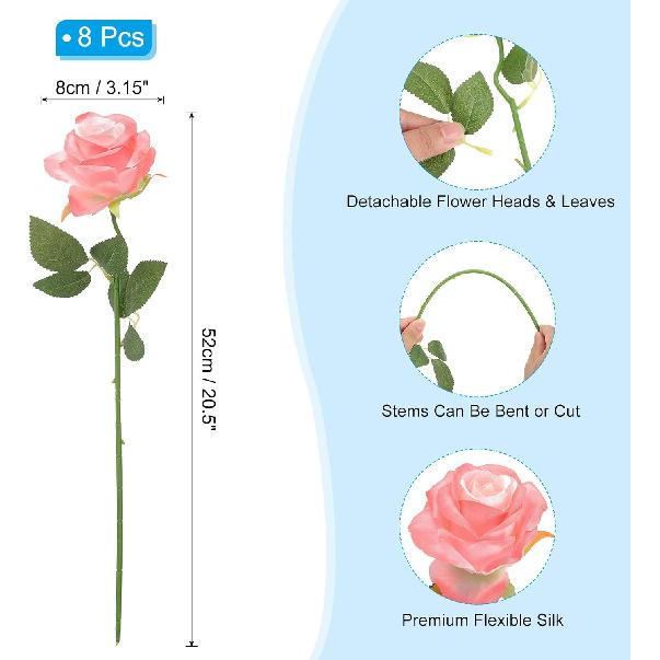 PATIKIL 8pcs Fake Roses, Roses Artificial Flowers Artificial Roses Silk Roses with Long Stems Real Look Real Touch Bouquet for Home Decor Table