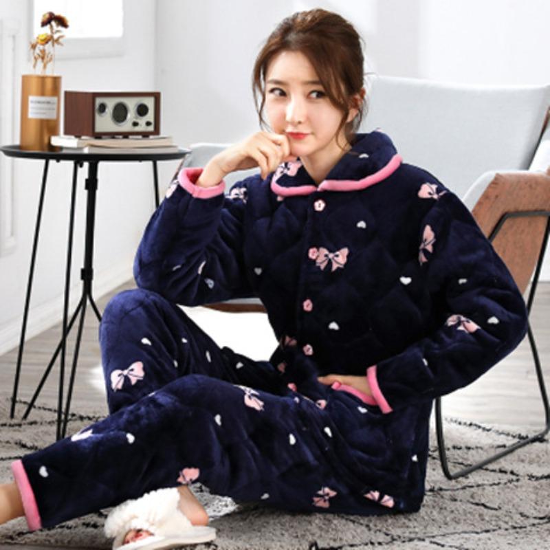 Coral fleece women's pajamas three-layer padded cotton thickened pregnancy postpartum breastfeeding set thermal loungewear