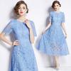 Summer Women's Retro Round Neck Lotus Leaf Sleeve Lace Dress Looks Slim and Elegant Long Skirt