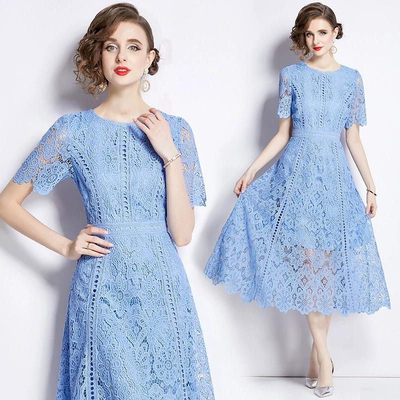 Summer Women's Retro Round Neck Lotus Leaf Sleeve Lace Dress Looks Slim and Elegant Long Skirt