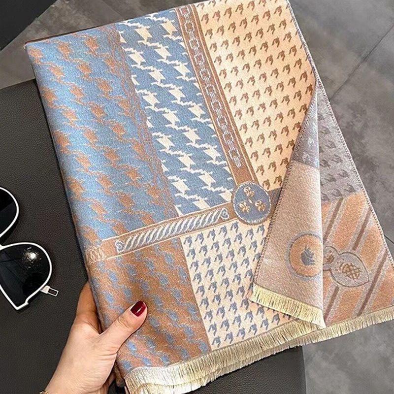 Premium Double-Sided Jacquard Houndstooth Scarf Wrap Women Winter Fall Warm Cotton Blend Shawl 185x70cm