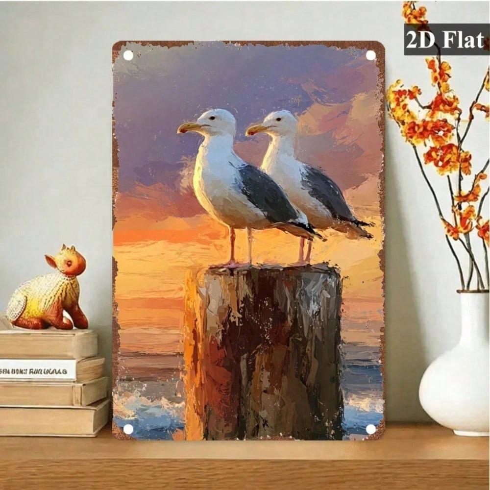 Vintage Seagull Metal Sign Nautical Wall Art Coastal Beach Decor Sunset Waves Driftwood Flat Perched Seagulls