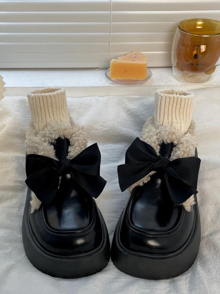Fashion Winter Japanese Sweet Platform Shoes Women Warm Bow Vintage Kawaii Pumps Plush Ankle Boots Female Casual Comfortable Bootes