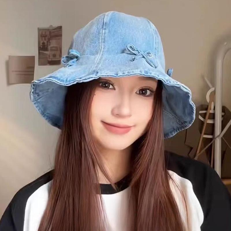 Pălărie de pescar din denim cu fundă dulce și versatilă, pălărie casual de primăvară și toamnă, pălărie bucket mică pentru față de damă, pălărie tip bazin, la modă