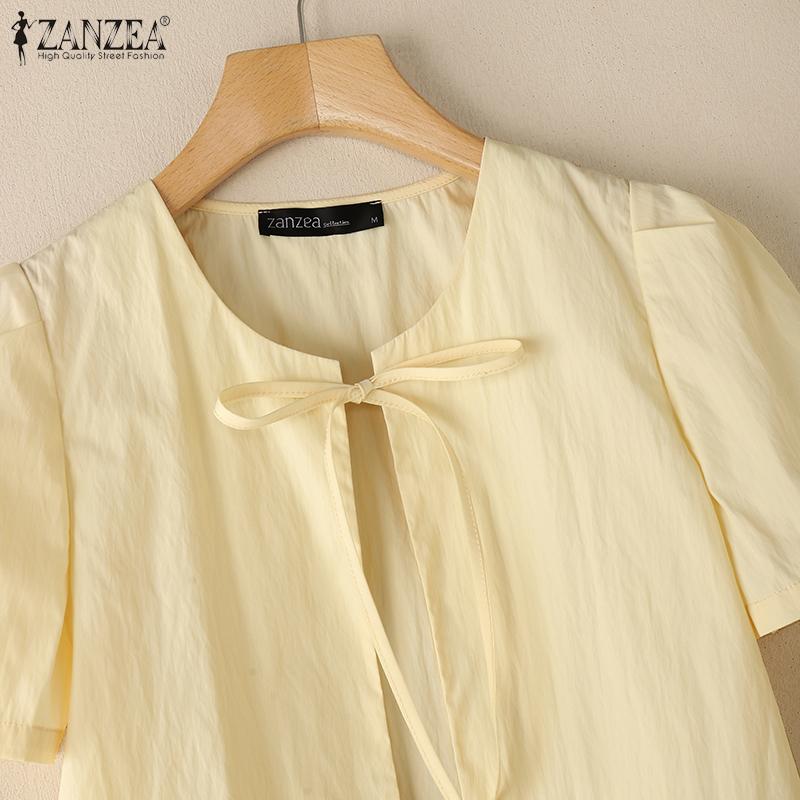 ZANZEA Women Summer Lace Up O-neck Casual Short Sleeve Cover Up Cropped Blouse