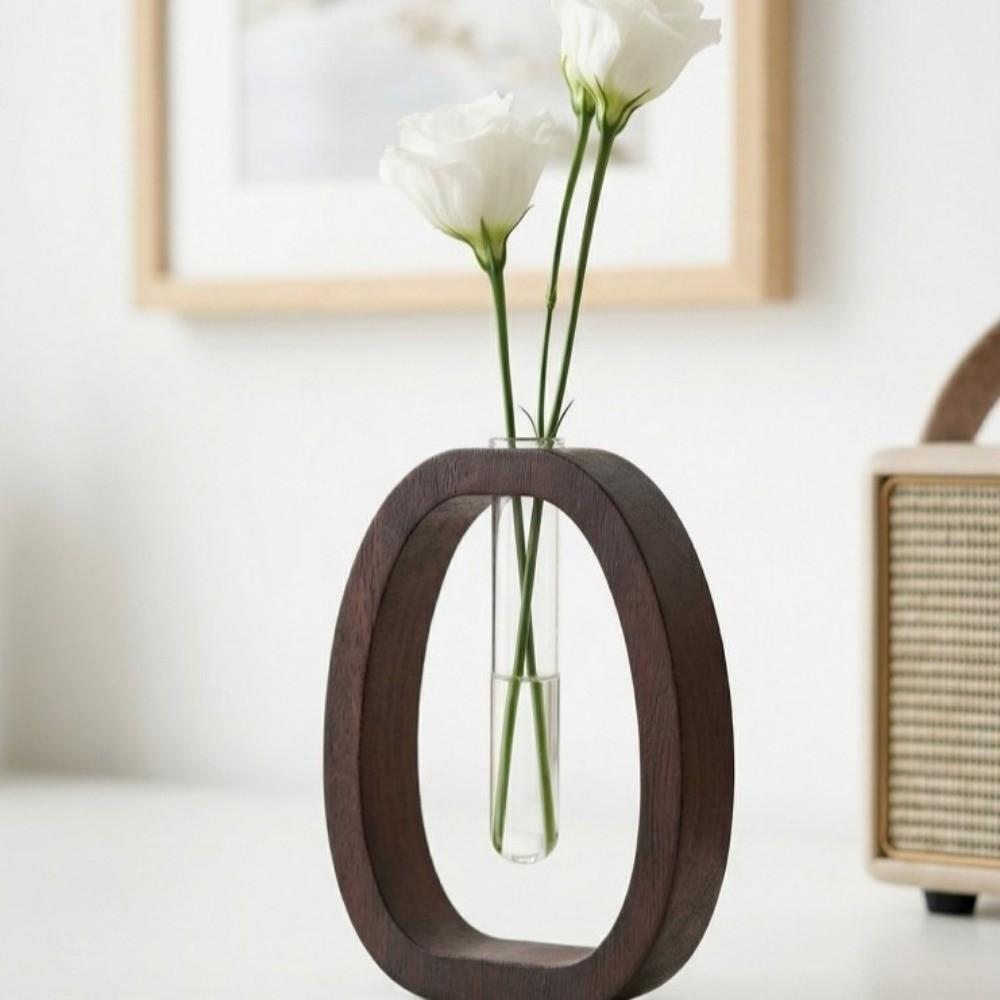 Wooden Hydroponic Flower Vase Minimalist Home Decoration Glass Tube Vase Creative Design Desk Ornaments Hydroponic Flowerpot