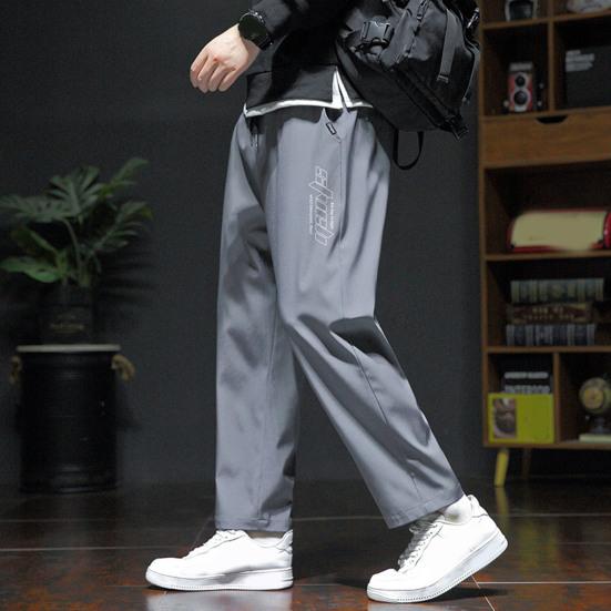 Men Spring Fall Pants with Side Pockets Drawstring Elastic Waist Wide Leg Thin Slacks Solid Color Loose Street Style Sport Trousers for Daily Wear