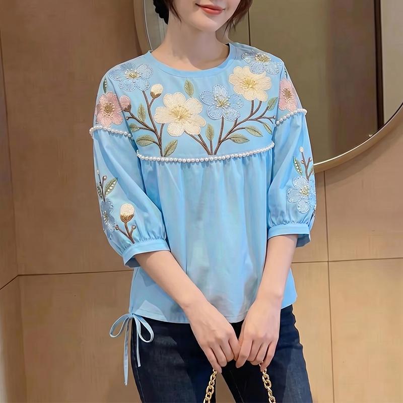 ZANZEA Blusa casual da donna a maniche 3/4 con scollo rotondo e stampa floreale ampia