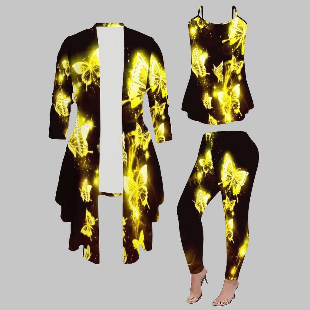 Plus Size Butterfly Print 3 Piece Outfit, Long Sleeve Open Front Cardigan Cami Top Leggings Set for Women