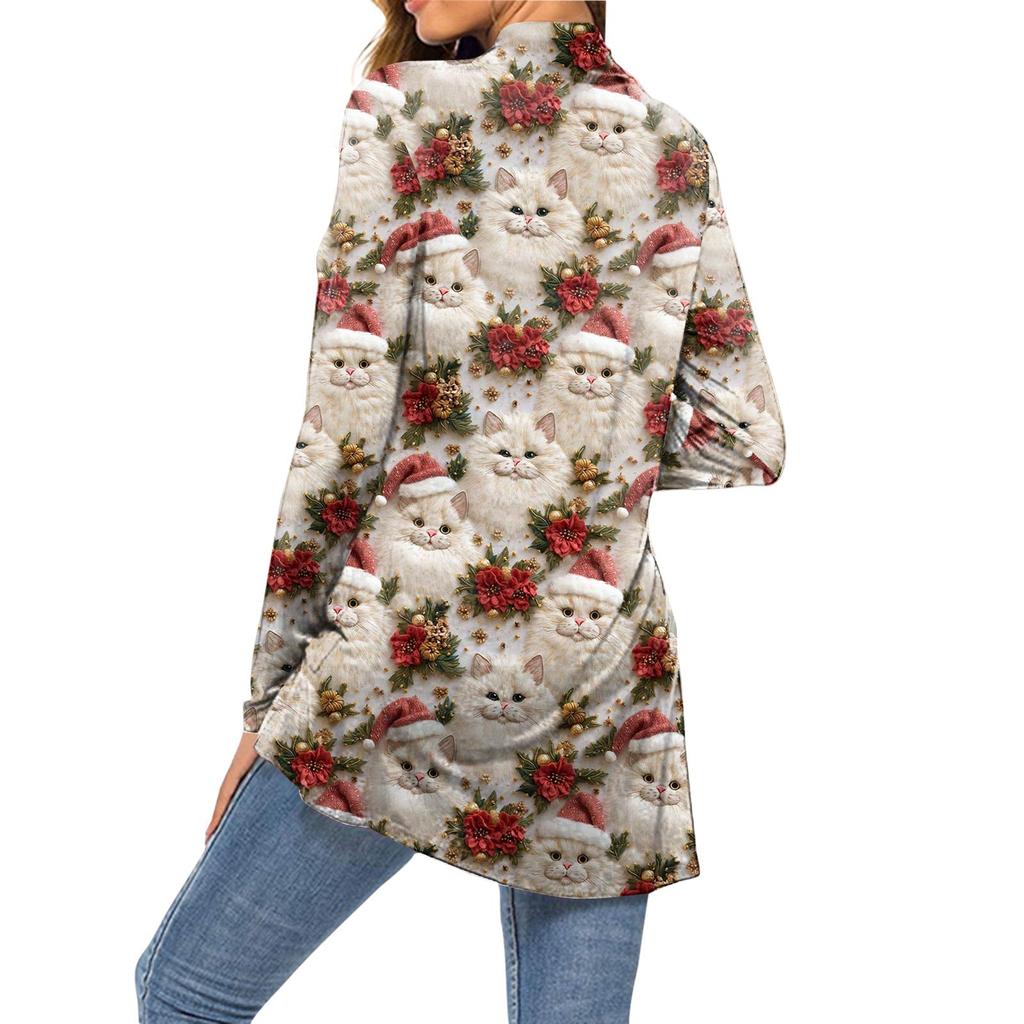 Dámský módní vánoční potisk dlouhý rukáv kapsy slim fit kardigan kabát