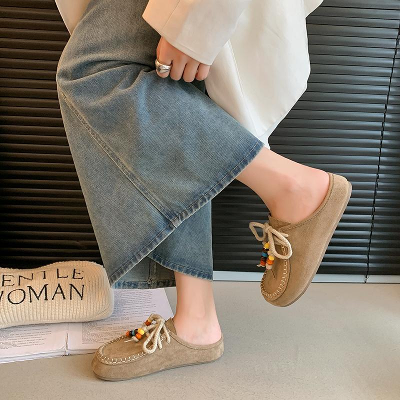 

Fashion Women s Flat Shoes Cover Toe Slingback Lace-up String Bead One Kick Increased Internal Slippers All-match RetroSuede Women Shoes 35