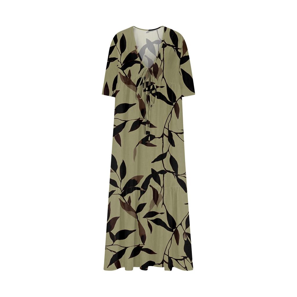 Women's Summer Fashion V-neck Retro Floral Print Short Sleeved Beach Dress With Lace Patchwork Dress