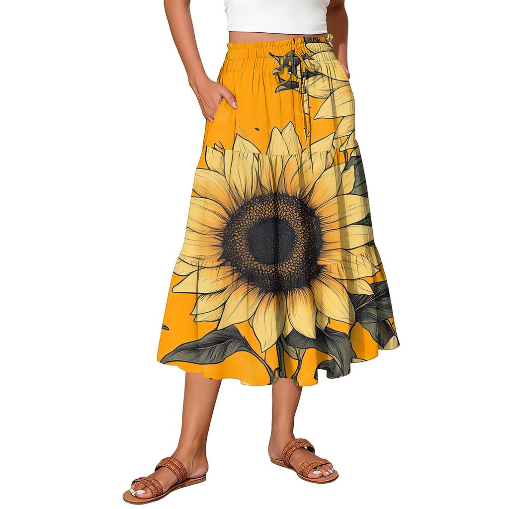 Womens Maxi Skirt Drawstring High Waisted Summer Long Skirts Lightweight Tiered Flowy Floral Pleated Skirts