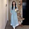 French Pure Blue Lace Dress, Early Autumn Small Man Special Edition U-neck High Waist A-word Long Dress