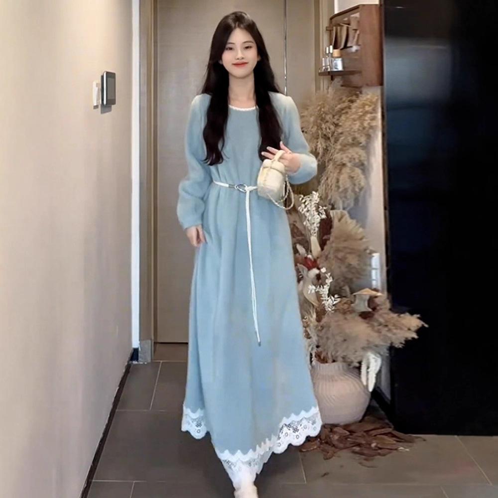 French Pure Blue Lace Dress, Early Autumn Small Man Special Edition U-neck High Waist A-word Long Dress